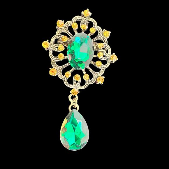 Retro Style Dangle teardrop Brooch Emerald Green Orange Crystal Rhinestones Pin - Picture 1 of 6